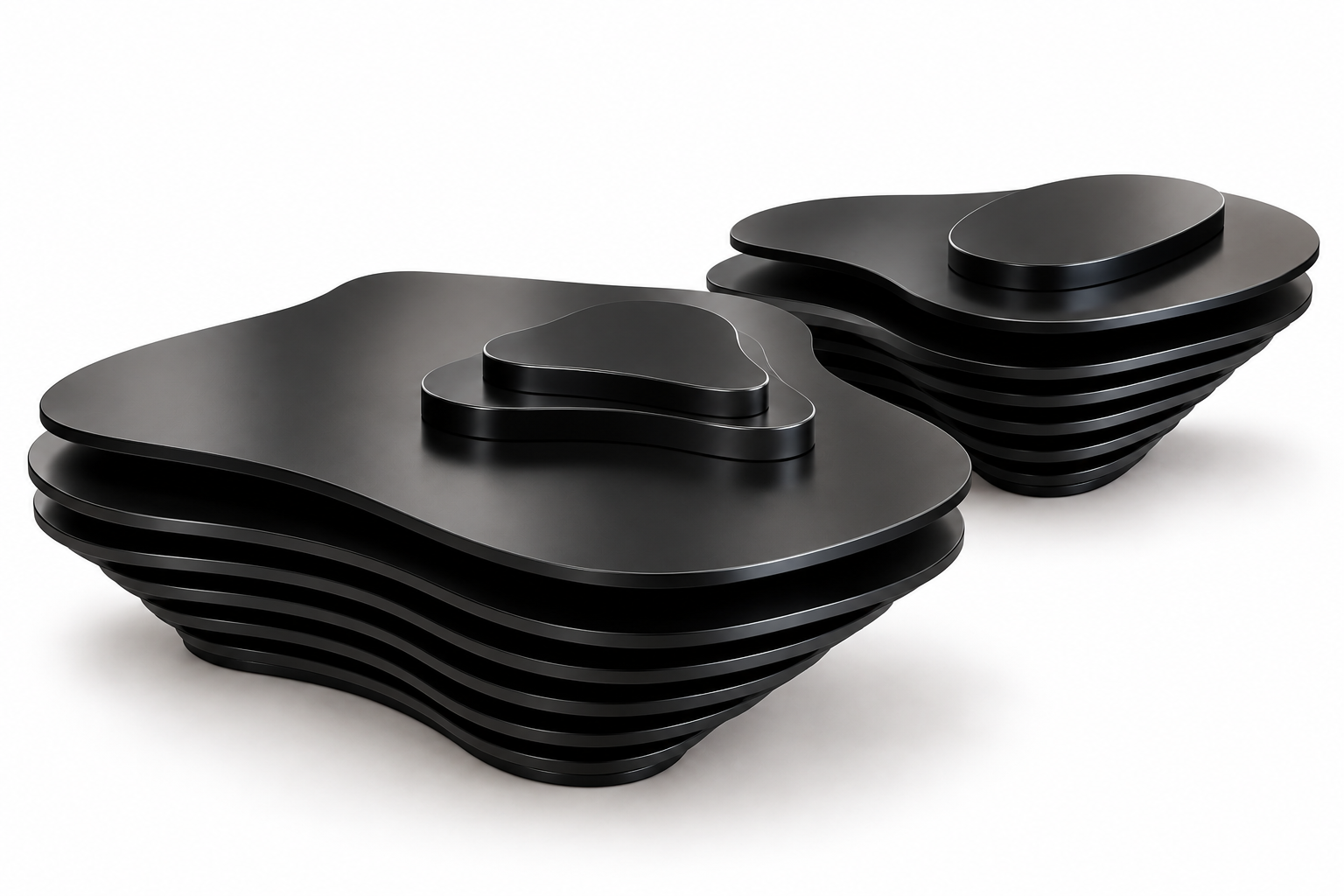 Black layered sculptural coffee tables by Burkee Designs & Studio