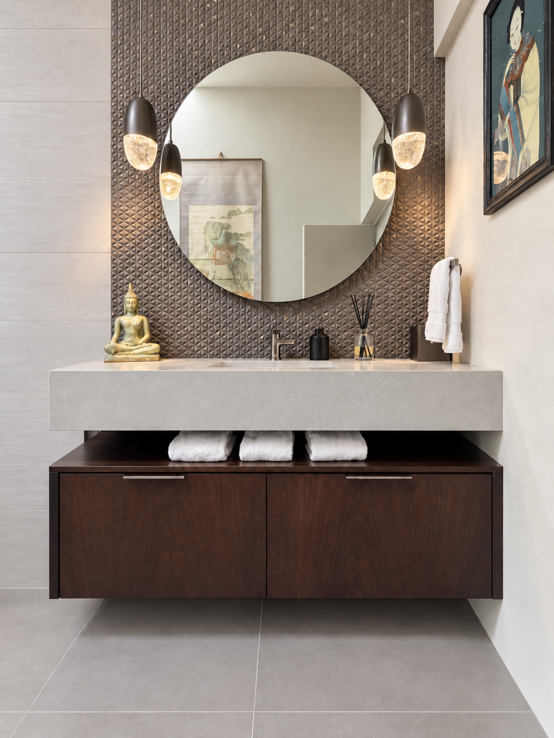Floating dark walnut vanity