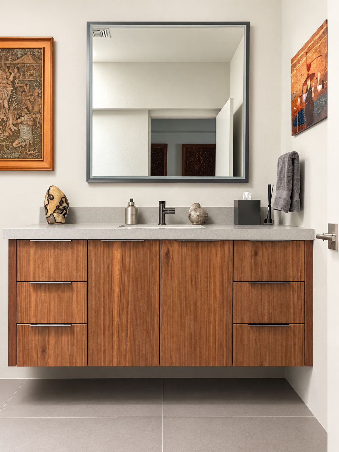 Warm walnut floating single vanity