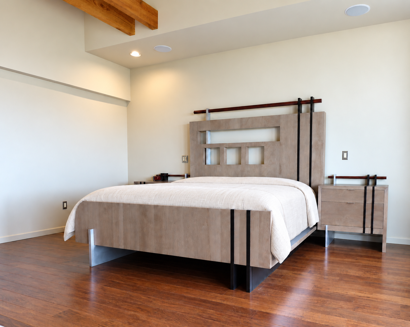 Architectural wood bed with matching nightstands in its full room setting by Burkee Designs