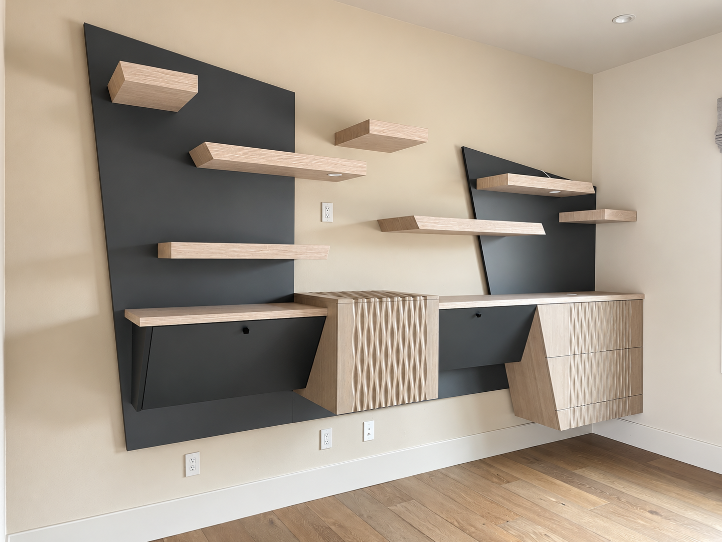 Floating desk with sculptural wall storage by Burkee Designs