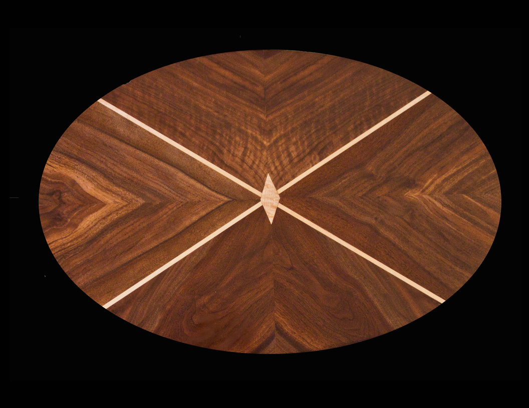 Oval marquetry tabletop detail for a side table by Burkee Designs
