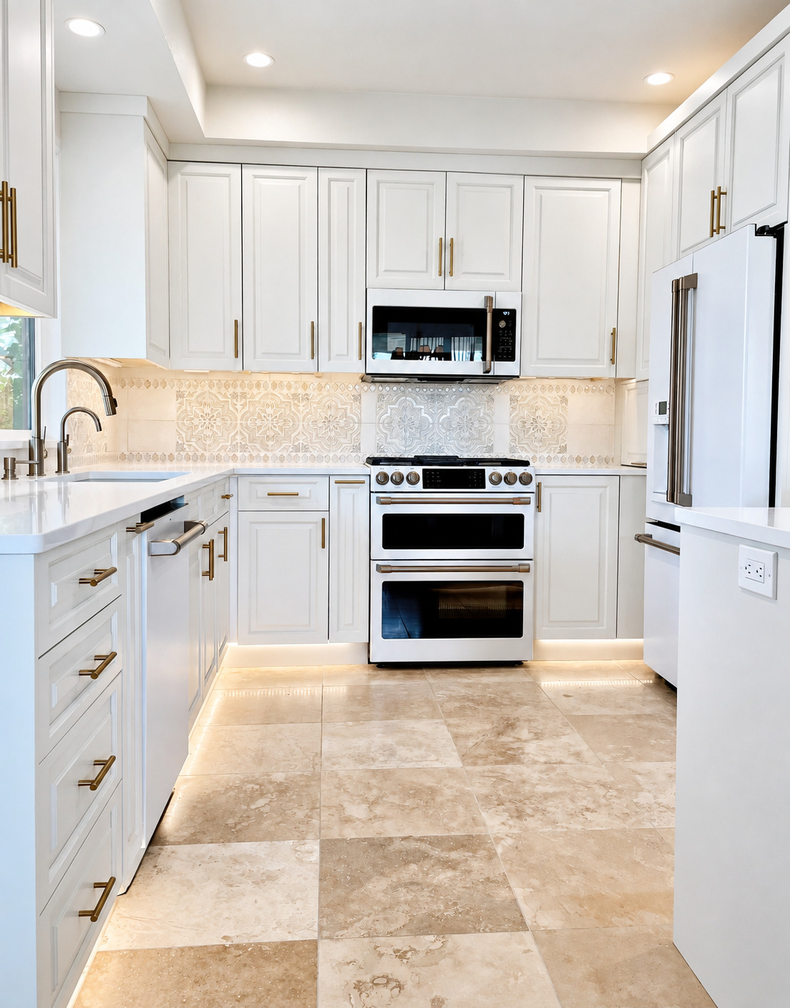 Full view of white custom kitchen cabinetry