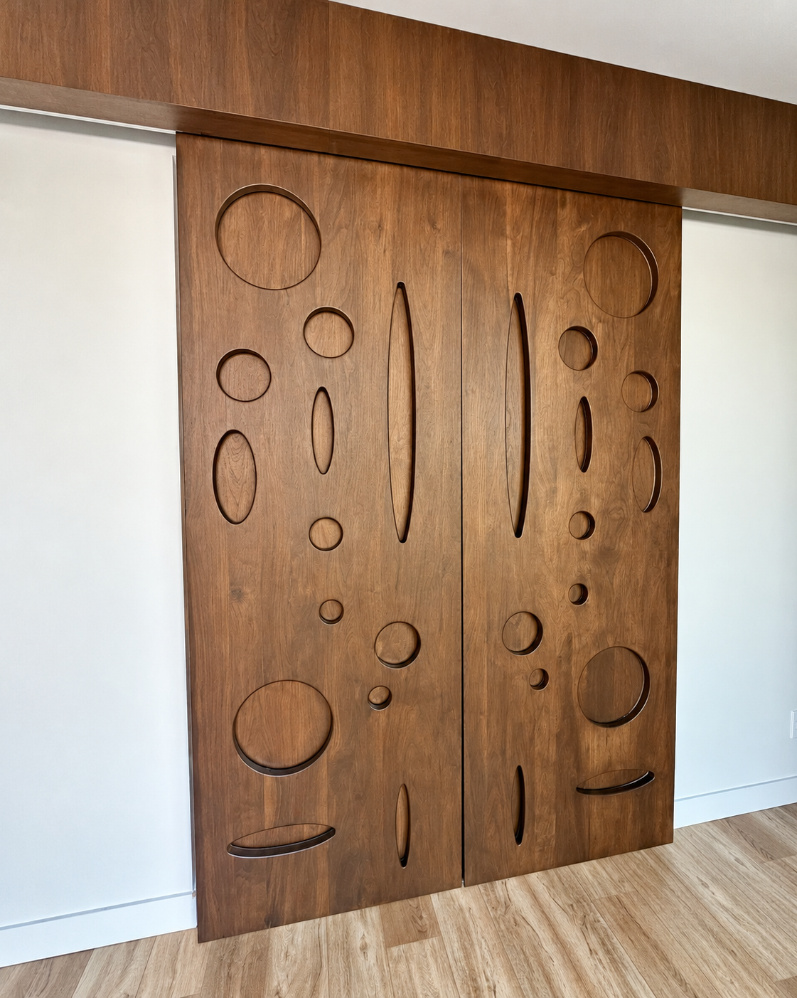 Solid dark wood double doors shown fully closed