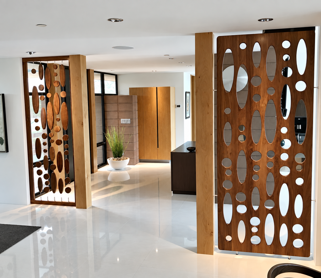 Pair of sculptural pivoting wood screens by Burkee Designs